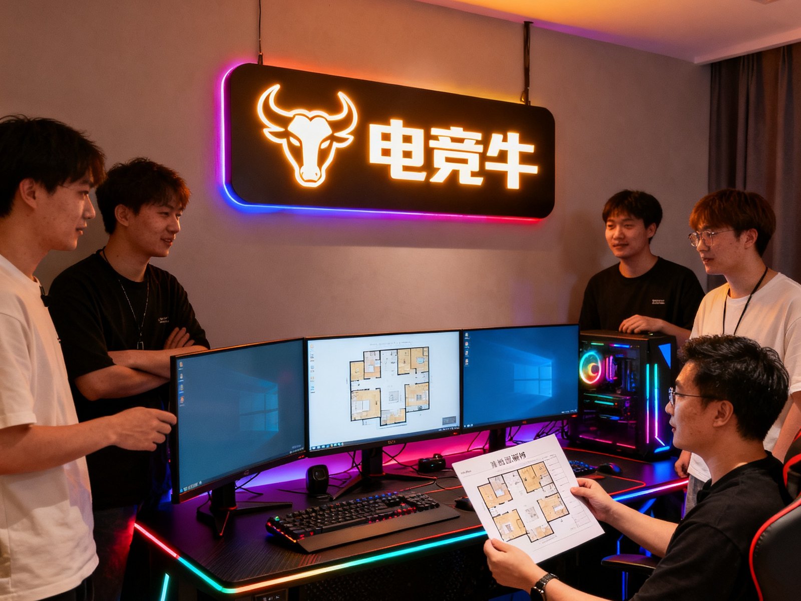 电竞牛创始团队五人在杭州首家电竞酒店样板间内合影：团队围绕一张配备三台显示器的电竞桌展开讨论，创始人手持户型评估表，墙面悬挂电竞牛品牌Logo灯牌，房间充满RGB氛围光