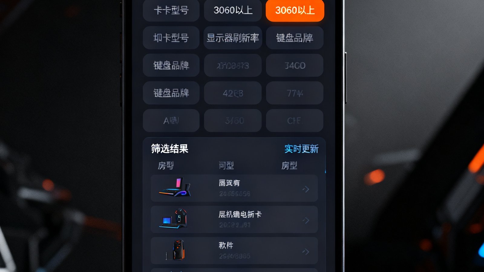 电竞牛App酒店筛选界面截图：用户可通过显卡型号、显示器刷新率、键盘品牌等维度精准过滤房型，3060以上显卡标签以橙色高亮显示，筛选结果实时更新