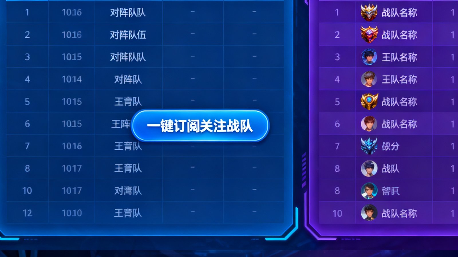 电竞牛赛事资讯模块界面：左侧显示英雄联盟LPL赛程表与实时比分，右侧为王者荣耀KPL战队排名，支持一键订阅关注战队，赛事开打前推送提醒